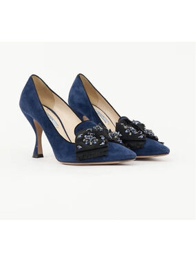 Prada Suede Beaded Bow Navy Blue Designer Heels Sz 39 (8.5/9) With Original Box